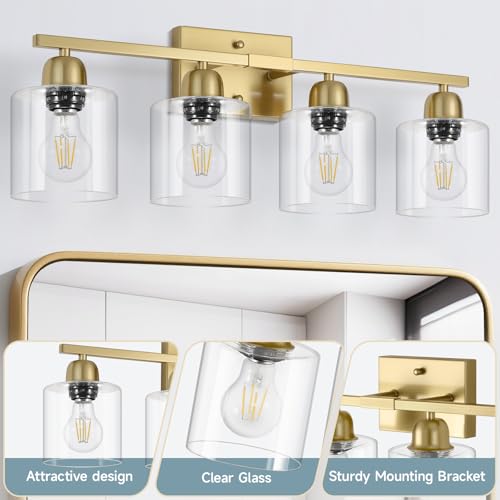 Image of Modern Brushed Gold 4 Light Bathroom Light Fixtures, 24 inch Vanity Lights for Bathroom with Clear Glass, Bathroom Vanity Light for Mirror Kitchen Living Room Hallway Cabinet Porch
