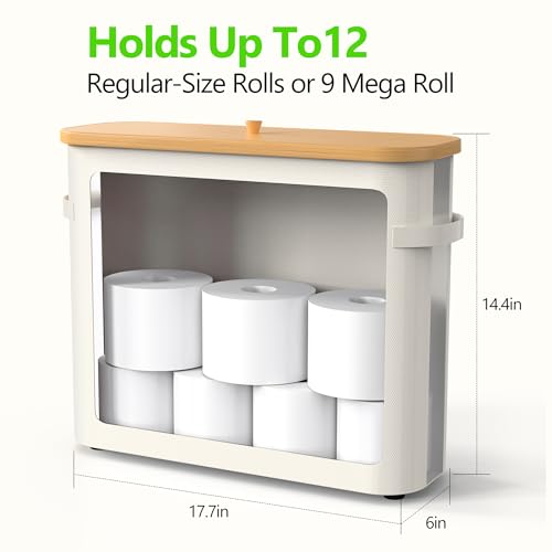 Thalomely Toilet Paper Storage Basket, Waterproof Toilet Paper Basket with Bamboo Lid and Handle, Collapsible Storage Organizer with Footbase for Bathroom, Toilet Paper Holder with Storage, Beige