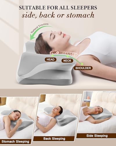 Image of Camping Pillow with Hand-Rolled Vacuum Bag, Cooling Cervical Pillow for Sleeping, Ergonomic Memory Foam Pillows for Indoor & Outdoor,Portable Neck Support Pillow for Side Back Stomach Sleepers