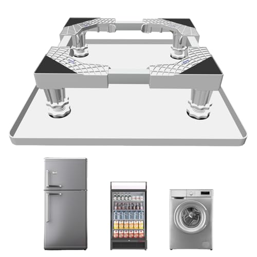 Image of KUPAO Mini Fridge Stand with Silicone Drip Tray, Universal Adjustable Base with 4 Strong Feet, 23.6" x 23.6" Mini Fridge Mat, Suitable for Small Refrigerators, Portable Compact Washer or Dryer, White