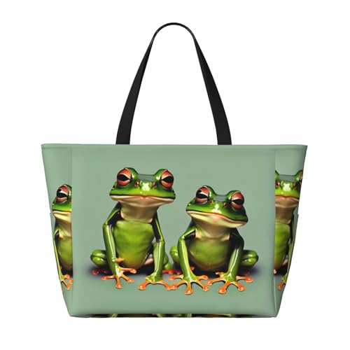 Funny Green Frogs 1 Large Beach Tote Bag Women Beach Tote Bag For Pool Gym Grocery Travel With Multiple Pocket2