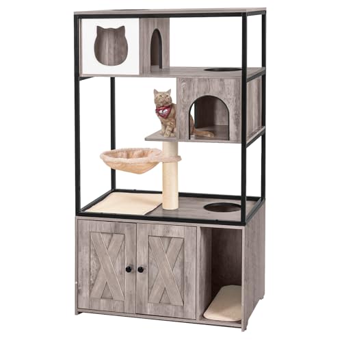 Aivituvin Cat Litter Box Enclosure, Litter Box Furniture Hidden, Wooden Cat Washroom Furniture, Indoor Cats House with Condo, Hammock, Scratching Mat and Storage Shelves-Greige - image 7
