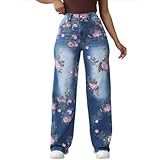 LBDLONGBIDA Floral Printed Wide Leg Baggy Jeans with Flowers for Women Stretch High Waisted Straight Leg Jeans Y2k Boyfriend Denim Pants(Blue,S)