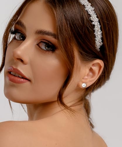 White Gold Plated Sterling Silver Pearl Stud Earrings for Women, White Pearl Wedding Earrings Hypoallergenic Jewelry4