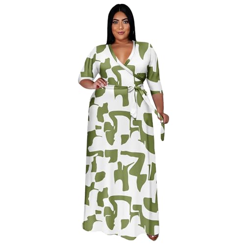 Image of Runwind Plus Size Dresses for Women Floral Maxi Dress Flowy 3 /4 Sleeve with Belt
