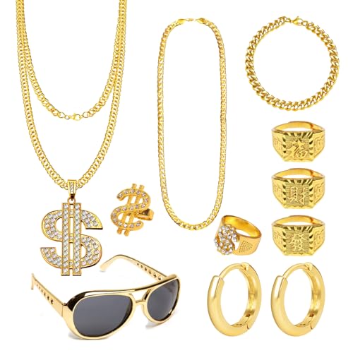11 Piece Pimp Costume Gold Digger-Costume Dollar Chain Rapper Costumes Gold Chain Costumes 80s 90s Hip-Hop Theme Parties Carnival Retro Looks Halloween Christmas Masquerade Birthday Disguises