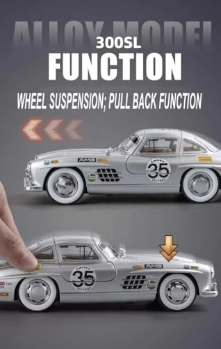 Image of 1:24 Scale MER-CEDES Ben-Z 300SL Die-Cast Metal Car with Sport car Openable Doors Light and Sound,Pull Back Function Indoor Outdoor Toy for Kids (Silver-Printed)
