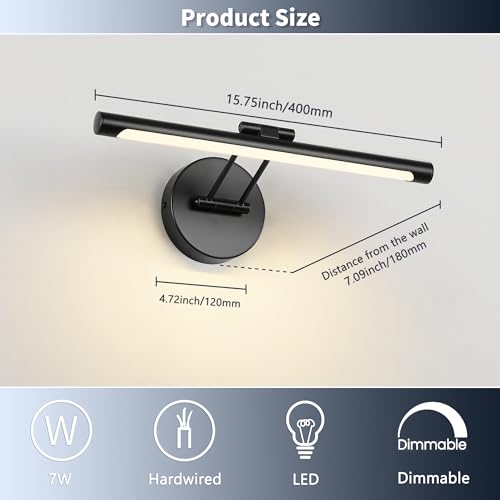 Image of JUSHENG Dimmable Picture Lights Hardwired LED Painting Light Black Gallery Wall Light Art Lighting for Portrait Artwork Canvas 15.74 inch 7W 110V AC
