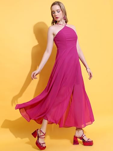 Image of Tokyo Talkies Women's Halter Neck Flowy Maxi Dress | Cinched Waist | Elegant & Airy Silhouette for a Breezy, Effortless Look