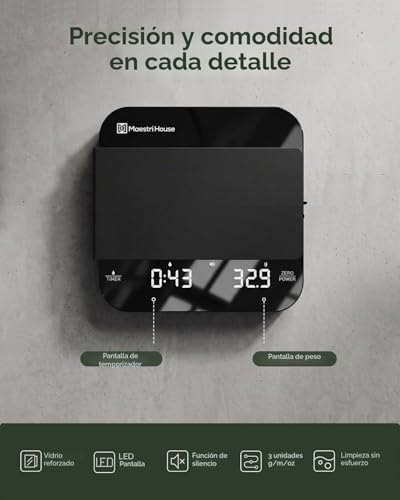 Miniatura 7 de Báscula De Café Mini Recargable Con Temporizador, Maestri House, Precisión 0.1g 2kg, Para Espresso Y Café De Filtro, Báscula Digital Portátil Con Cronometraje Automático-Negro Y Plata