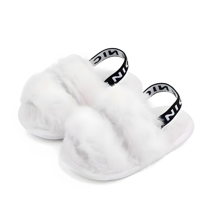 QIETION Girl's Soft Plush Lightweight House Slippers Non Slip Cross Band Slip on Open Toe Cozy Indoor Outdoor Slippers X101 White 11CM