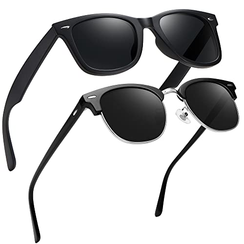 MEETSUN Polarized Sunglasses for Men Women Classic Retro Semi-Rimless Frame Sun Glasses 100% UV Protection 2 Pack C4 Matte Black Frame + Black Silver Semi-Rimless Frame