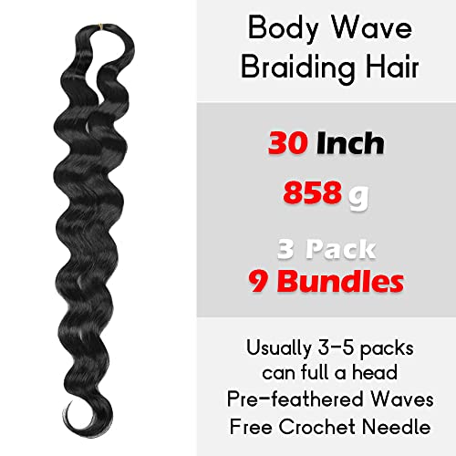 Niseyo Body Wave Braiding Hair 30 Inch Pre-Feathered Long Ocean Deap Twist Synthetic Hair For French Curl Crochet Braids 3 Bundles (3 Pack, 1B) #TOP1