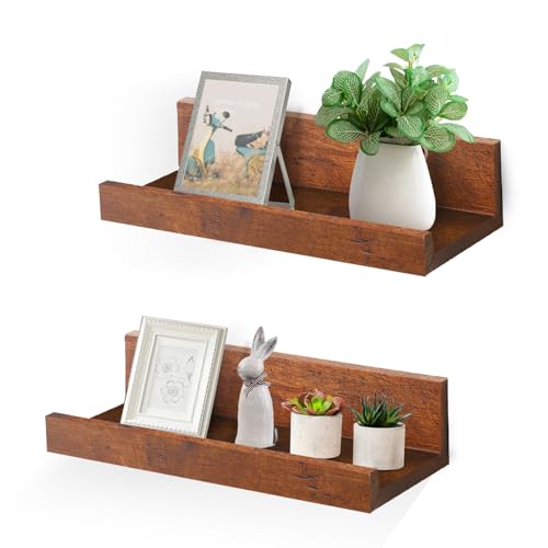 Muzilife 12" Small Floating Wall Ledge Shelves with Lip - Set of 2 Wood Floating Shelves - Honey Brown Wall Mounted Picture Ledge for Office, Bathroom, Bedroom, Living Room, Kitchen