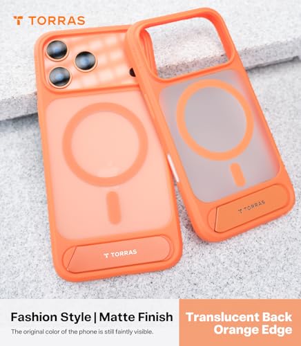 Image of TORRAS Strong Magnetic & Seamless Stand for iPhone 17 Pro Case, Neon Orange | Fit for MagSafe, Adjustable Kickstand, Shockproof Case for iPhone 17 Pro Phone Case with Kickstand, Slim, Translucent