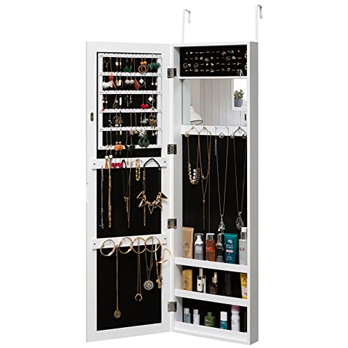 Marble Field Jewelry Cabinet Armoire Mirrored Cabinet with Full-Length Mirror Wall Door Mounted Hanging Jewelry Armoire Organizer for Necklaces Rings White