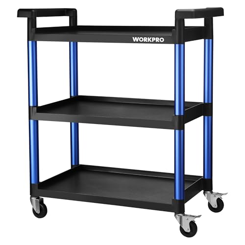 WORKPRO 3-Tier Service Utility Cart, 400LBS Plastic Rolling Cart with Handles & Lockable Wheels, Heavy Duty Storage Cart for Restaurant, Kitchen, Office, Garage, Warehouse