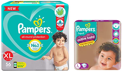 Image of Pampers All round Protection Pants, Extra Large size baby Diapers, (XL) 56 Count Lotion with Aloe Vera & Active Baby Taped Diapers, Large size diapers, (L) 18 count, taped style custom fit