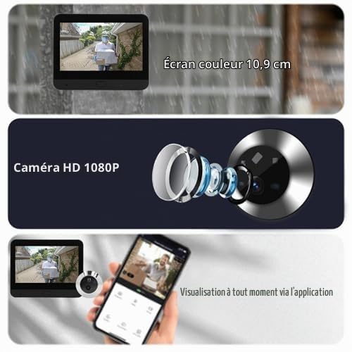 Caméra Judas pour Visionneuse de Porte, Sonnette Vidéo Numérique WiFi avec Vision Nocturne et Détection de Mouvement, Caméra de Porte Numérique à écran LCD IPS de 4,3 Pouces