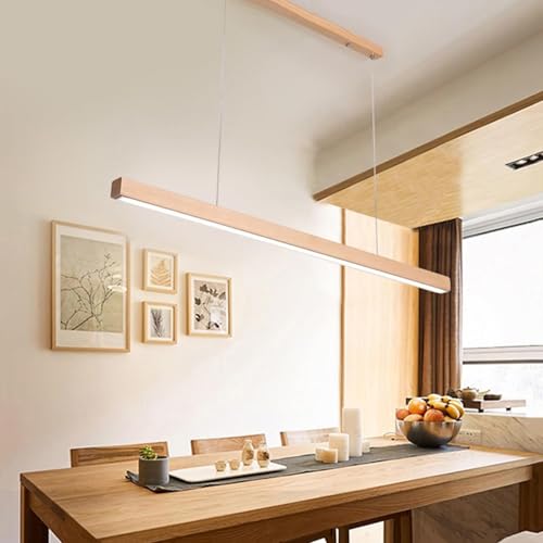 Lámpara colgante lineal de madera LED regulable con mando para cocina e isla 4