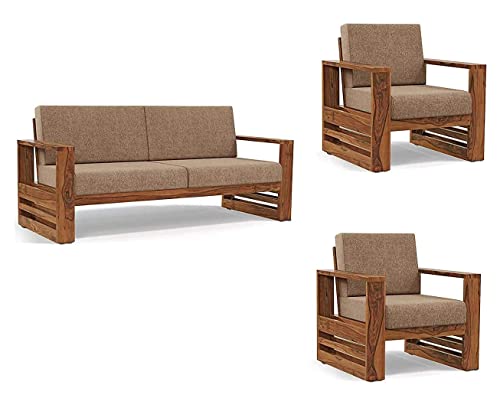 Image of K L FURNITURE Kl Furniture Wooden 5 Seater Sofa Set For Living Room 3+1+1 Seater Sofa For Office & Lounge Five Seater Sofa Set With Side Magazine&Newspaper Holder,For Home Natural Finish,Cream