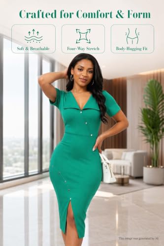 Image of Fooullaide Women's Sexy Bodycon Mid Dress Stretch Short Sleeve V Neck Cocktail Party Dresses