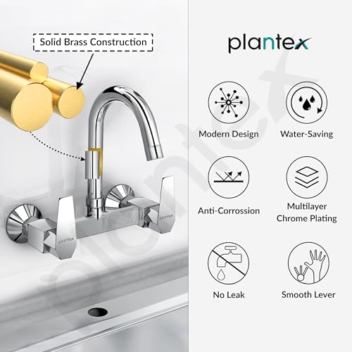 Image of Plantex Mixer Tap for Kitchen with Wall Flange and Teflon Tape /Kitchen Sink Taps /Sink Mixer Tap Hot and Cold with 360 Swivel Spout (Celesiya-1248)
