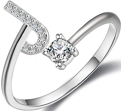 Haoze Initial Letter Ring for Women Girls Silver Stackable Alphabet Rings with Initial Adjustable Crystal Inlaid Initial Rings Bridesmaid Gift(J)