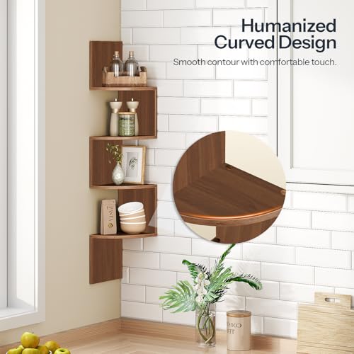 Image of HOOBRO Corner Shelf Wall-Mounted, Set of 2 Floating Corner Shelves for Wall, 4-Tier Corner Bookshelves for Living Room, Bedroom, Bathroom, Home Office, Walnut WL25BJP201