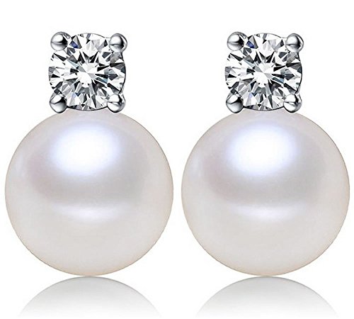 Joyfulshine Womens Shell Pearl Cubic Zirconia Stud Earrings Silver Plated Post Color White