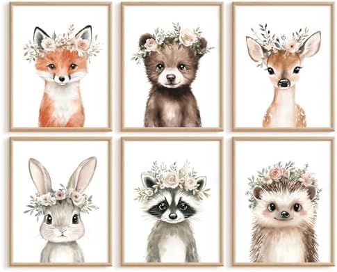 Woodland Animal Nursery Wall Art Decor Baby Girl Room Pictures Fl...