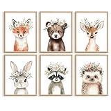 Woodland Animal Nursery Wall Art Decor Baby Girl Room Pictures Floral Crown Animal Canvas Wall Art...