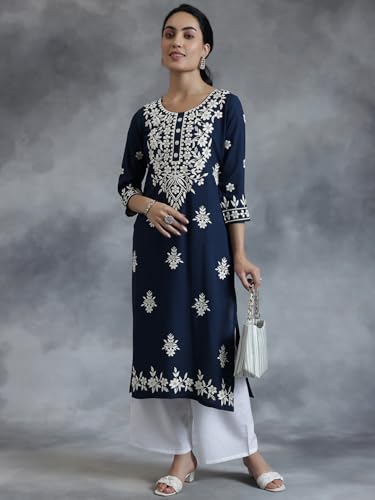 Image of Libas Womens Embroidered Viscose Straight Kurta for Women | Ethnic wear | Bridal Suit | Wedding Dress | Occasion wear