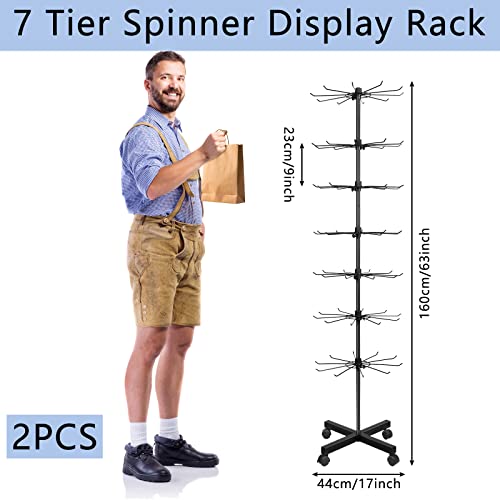 2 Pcs Retail Display Stand 7 Tier Spinner Display Rack Hats Jewelry Keychain Craft Show Rack with Hooks for Malls, Showroom, Retail Store Mall Business (Black)