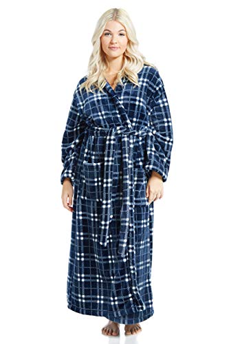 Jovannie Womens Long Thick Fleece Robe Warm Waist Belt Super Soft Spa Plush Full Length Bathrobe with Shawl Collar (Blue, S/M)