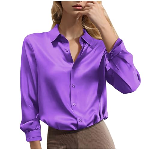 Silk Satin Shirts for Women UK Long Sleeve Oversized Button-Down Shirt with Collar Lightweight Casual Business Tunic Tops Curved Ladies Office Work Blouses Plus Szie S-3XL