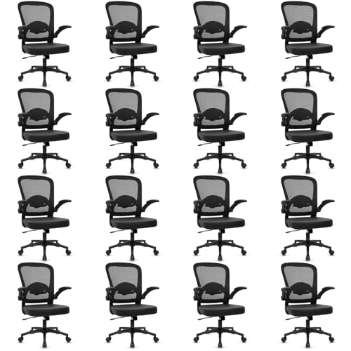 Image of KLASIKA Desk Chairs with Wheels, Ergonomic Mesh Back PU Leather Seat Home Office Adjustable Lumbar Support and Height Swivel Rolling Computer Task Chair with Flip Up Arms for Conference, Black, 16PK