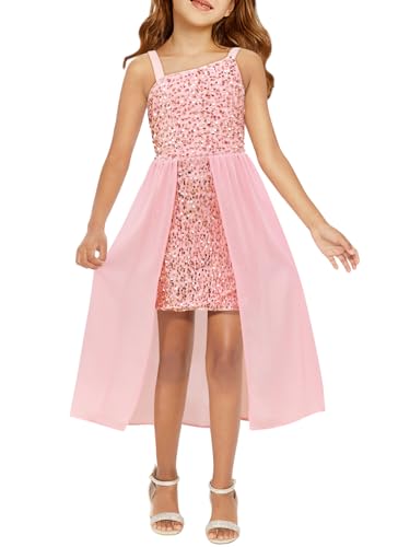 Haloumoning Girls Sequin Dress Kids Formal Sparkly One Shoulder Prom Party Dresses 4-14 Years Pink