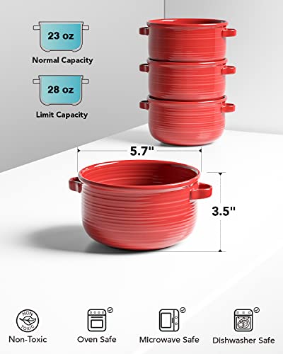 Le Tauci Soup Bowls With Handles, Ceramic French Onion Soup Bowls 28 Ounces For Soup, Cereal, Chilli, Beef Stew, Stackable Serving Bowls Set, Oven Microwave Dishwasher Safe, Set Of 4, Red #TOP3
