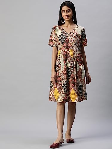 Image of arriva fab Women's Cotton Jaipuri Floral Print A-line Dress
