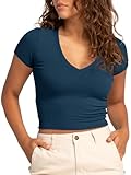 Tankaneo Womens Crop Tops Ribbed V Neck Short Sleeve Summer Basic Tees Slim Fit Y2k Shirts Navy