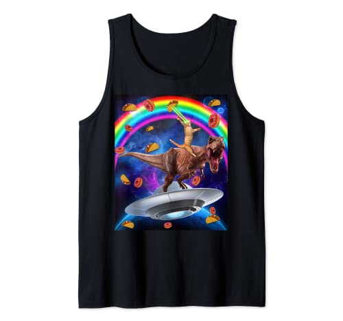 Cat Riding Dinosaur Trex UFO Taco Donut Laser Eyes In Galaxy Camiseta sin Mangas