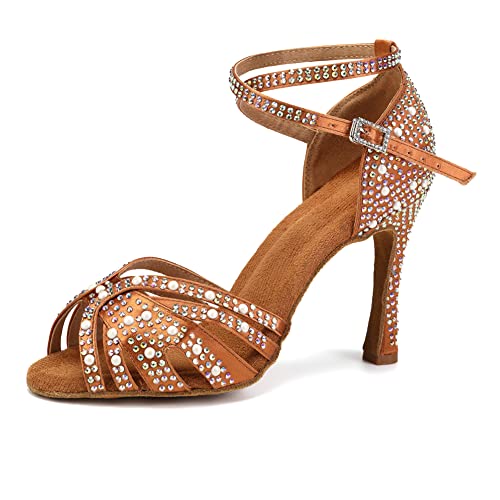 TINRYMX Women Latin Dance Shoes Rhinestones Sparkly Ballroom Salsa Performance Party Dancing Heels,US 7