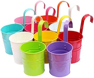 Garneck 10pcs Iron Hanging Flower Pot Balcony Planter Metal Bucket Holder with Detachable Hook and Drainage Hole for Railing Fence Window Patio Garden 10x10x8cm