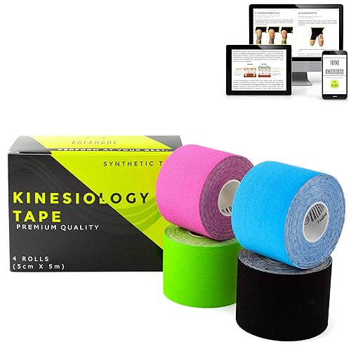 Kalahari 4 Rotoli Nastro Kinesiologico Professionale più E-Book Applicazioni in Italiano - Synthetic Kinesiology Tape per Una Migliore Aderenza e Impermeabilità ad Acqua e Sudore - (5cm x 5m).