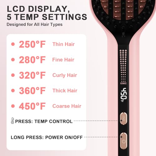 Ionic Hair Straightener Brush for Women - Straightening Brush with Dense Bristles for Short & Long Hair, 5 Temps, Double Voltage Hot Comb, Birthday Holiday Day Gifts — view 5