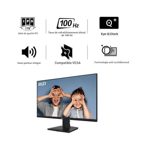 MSI Pro MP275Q Écran bureautique 27" WQHD - Dalle IPS 2560 x 1440, 100 Hz, 1 ms, Eye-Friendly, Haut-parleurs intégrés, Inclinaison réglable - HDMI 2.0b, DP (1.2a)