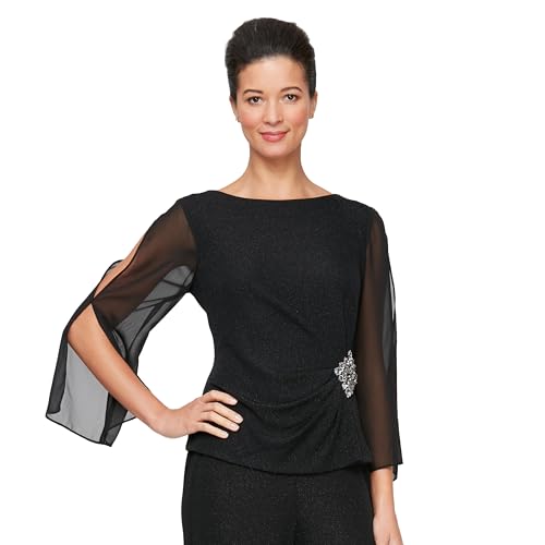 Alex Evenings Women's Metallic Knit Blouse, Formal Dress Shirt (Petite and Regular Sizes)