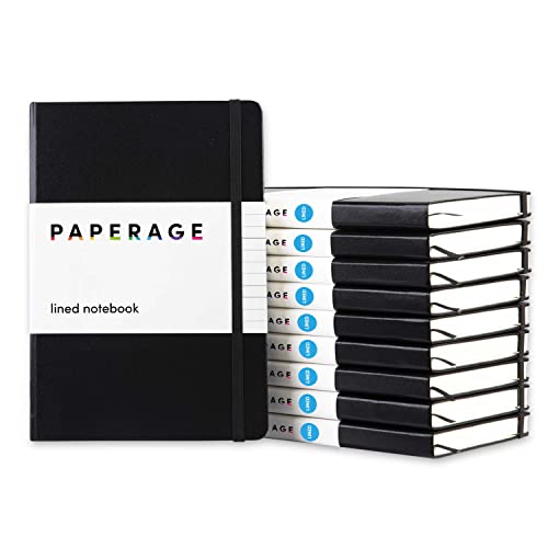 Image of PAPERAGE Lined Journal Notebook, 10 Pack, (Black), 160 Pages, Medium 5.6 in x 8 in - 100 GSM Thick Paper - Hardcover Journaling Notebook for Work, School & Note Taking