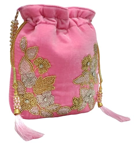 Image of Velvet Potli Bag with Golden & Silver Beaded Flower Embroidery - Handcrafted Ethnic Drawstring Bag for Weddings, Parties & Festive Gifts - Beaded Handle & Tassels for Women